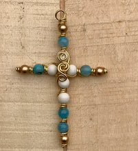 Load image into Gallery viewer, Beaded Cross, Decorative Cross,Gold Blue and White Large Cross,Desk Top Cross,Christian Gift,