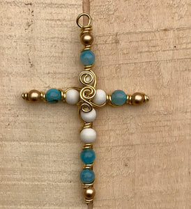 Beaded Cross, Decorative Cross,Gold Blue and White Large Cross,Desk Top Cross,Christian Gift,