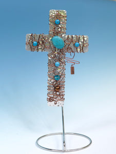 Decorative Silver Turquoise Cross, Wrapped with Antiqued Copper Wire and Beads