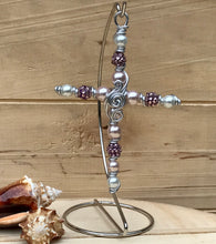 Load image into Gallery viewer, Pink Rhinestone and Pearl Display Cross on Hanger