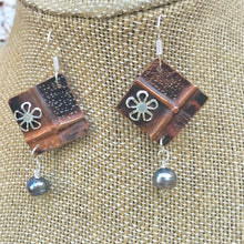 Load image into Gallery viewer, Unique Copper Cross Earrings with Silver Flower and Freshwater Black Bead Dangle
