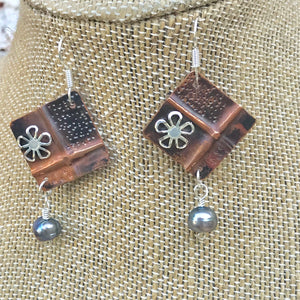 Unique Copper Cross Earrings with Silver Flower and Freshwater Black Bead Dangle