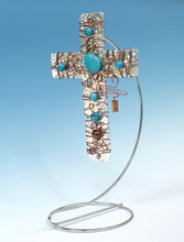 Load image into Gallery viewer, Decorative Silver Turquoise Cross, Wrapped with Antiqued Copper Wire and Beads
