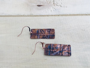 Unique Folded and Antiqued Copper Cross Earrings