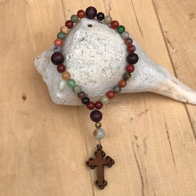Load image into Gallery viewer, Natural Stone and Cherry Wood Cross Christian Prayer Beads