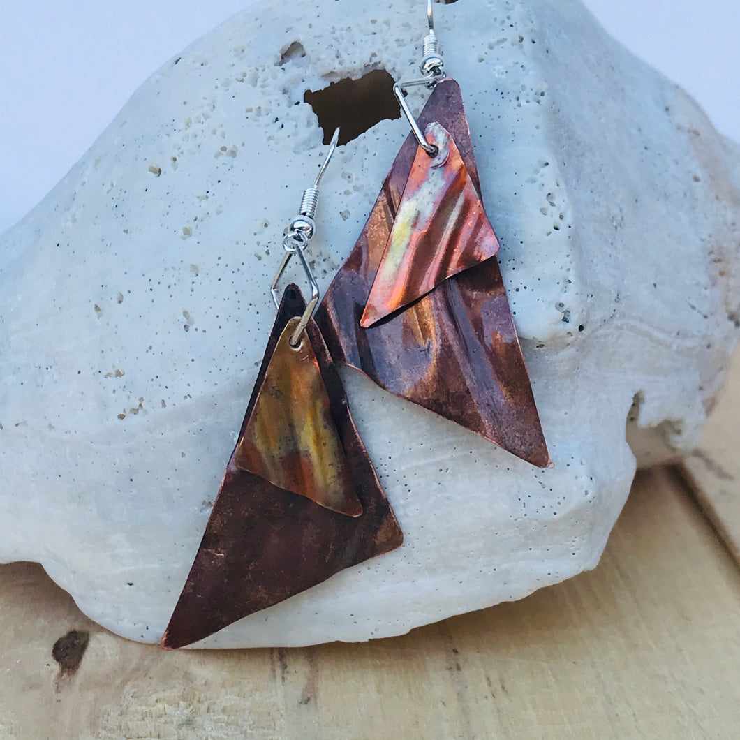 Flame Painted Copper Double Triangle Earrings
