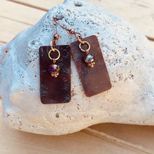 Load image into Gallery viewer, Flame Painted Textured Copper Earrings with Dangling Bead