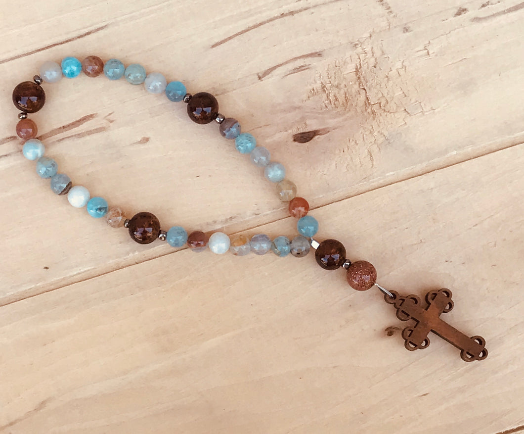 Stone and Cherry Wood Cross Christian Prayer Beads