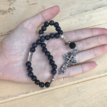 Load image into Gallery viewer, Black Wood and Tibetan Style Silver Prayer Beads