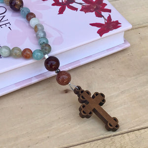 Stone and Cherry Wood Cross Christian Prayer Beads