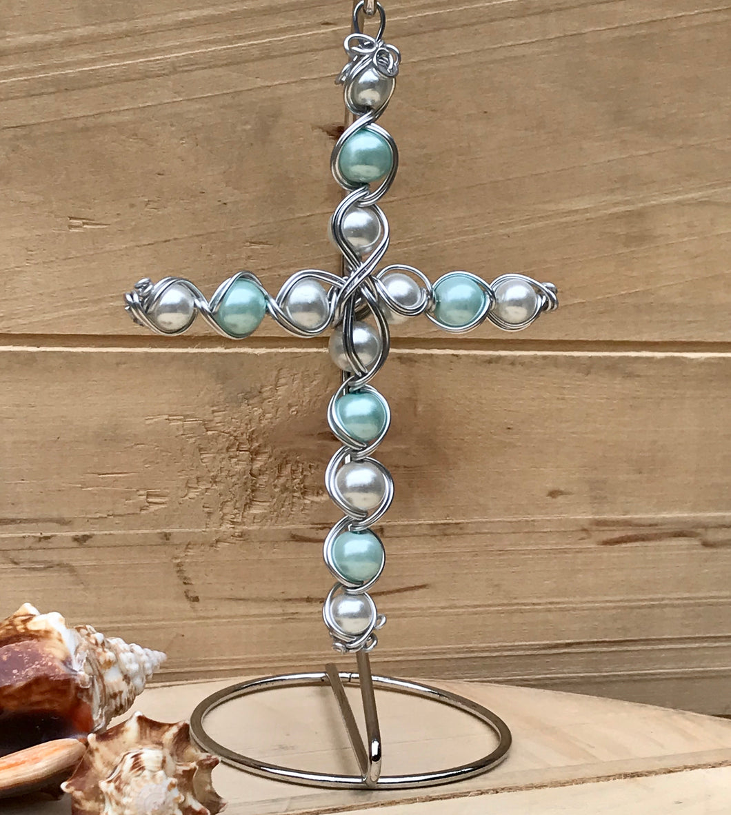 Egyptian Style Wire Wrapped Beaded Display Cross with Silver Stand