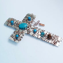 Load image into Gallery viewer, Decorative Silver Turquoise Cross, Wrapped with Antiqued Copper Wire and Beads