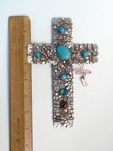 Decorative Silver Turquoise Cross, Wrapped with Antiqued Copper Wire and Beads