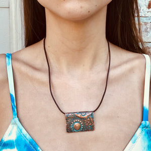 Embossed Copper with Turquoise Patina Pendant and Leather Necklace