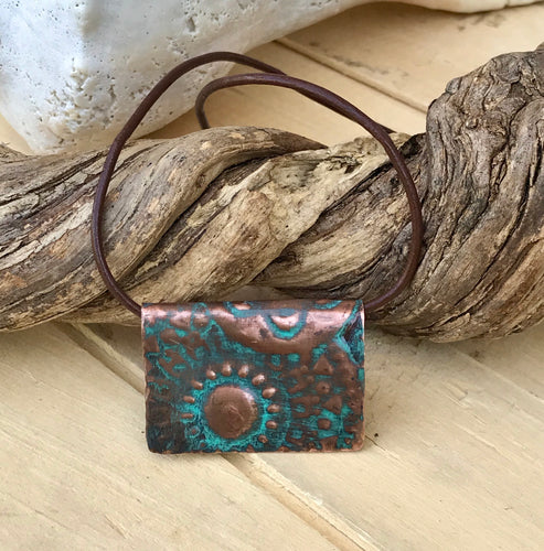Embossed Copper with Turquoise Patina Pendant and Leather Necklace