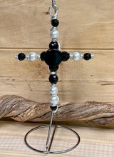 Load image into Gallery viewer, Decorative Black and White Display Cross. Includes Silver Stand.