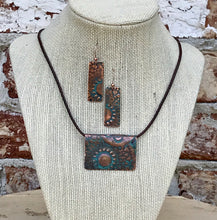 Load image into Gallery viewer, Embossed Copper with Turquoise Patina Pendant and Leather Necklace