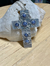 Load image into Gallery viewer, Decorative Cross Necklace/Beaded Cross Necklace/Christian Gift/Silver Cross/Blue Beaded Cross Necklace/ Religious Gift/ Large Cross Necklace