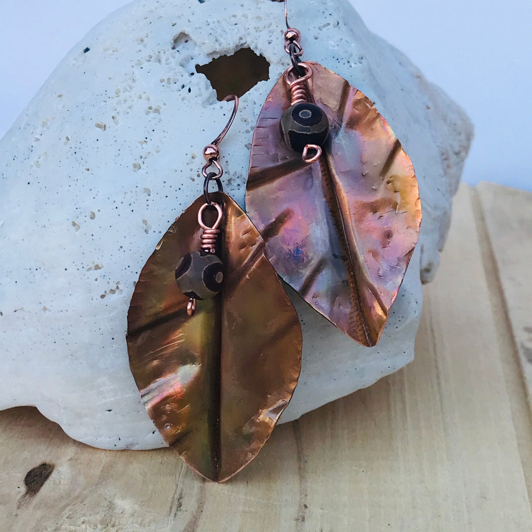 Flame Painted Copper Leaf Earrings