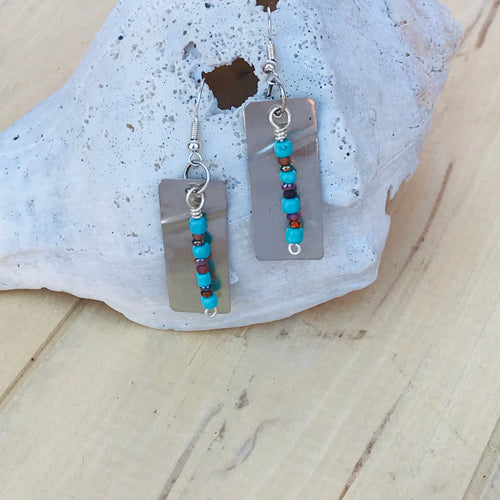 Decorative Silver Cross Earrings with Turquoise and Brown Beads