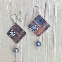 Load image into Gallery viewer, Unique Copper Cross Earrings with Silver Flower and Freshwater Black Bead Dangle