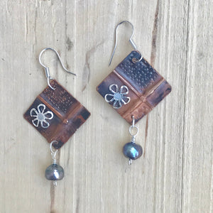 Unique Copper Cross Earrings with Silver Flower and Freshwater Black Bead Dangle