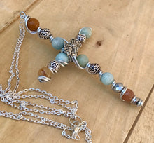 Load image into Gallery viewer, Unique Large Silver and Amazonite Natural Stone Beaded Cross Necklace