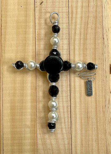 Decorative Black and White Display Cross. Includes Silver Stand.