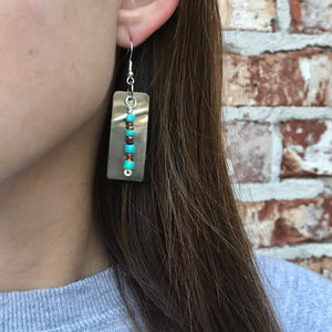 Decorative Silver Cross Earrings with Turquoise and Brown Beads