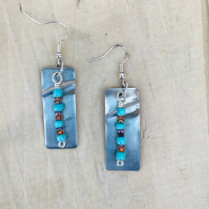 Decorative Silver Cross Earrings with Turquoise and Brown Beads