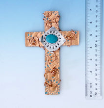 Load image into Gallery viewer, Embossed Copper Colored Display Cross with Copper Wire and Turquoise Bead Accents. Natural Copper Stand Included.