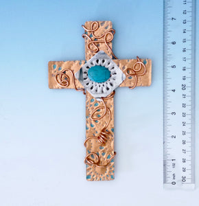 Embossed Copper Colored Display Cross with Copper Wire and Turquoise Bead Accents. Natural Copper Stand Included.
