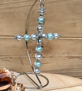 Egyptian Style Wire Wrapped Beaded Display Cross with Silver Stand
