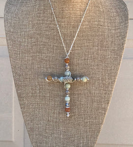 Unique Large Silver and Amazonite Natural Stone Beaded Cross Necklace