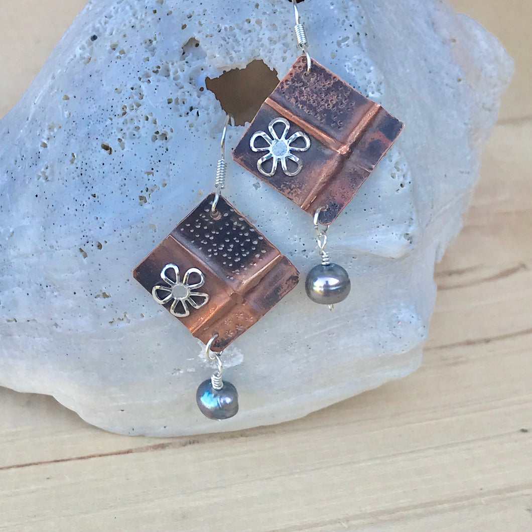 Unique Copper Cross Earrings with Silver Flower and Freshwater Black Bead Dangle