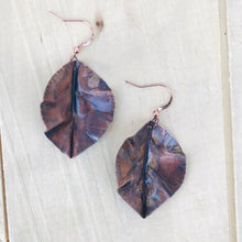 Load image into Gallery viewer, Flame Painted Antiqued Copper Leaf Earrings